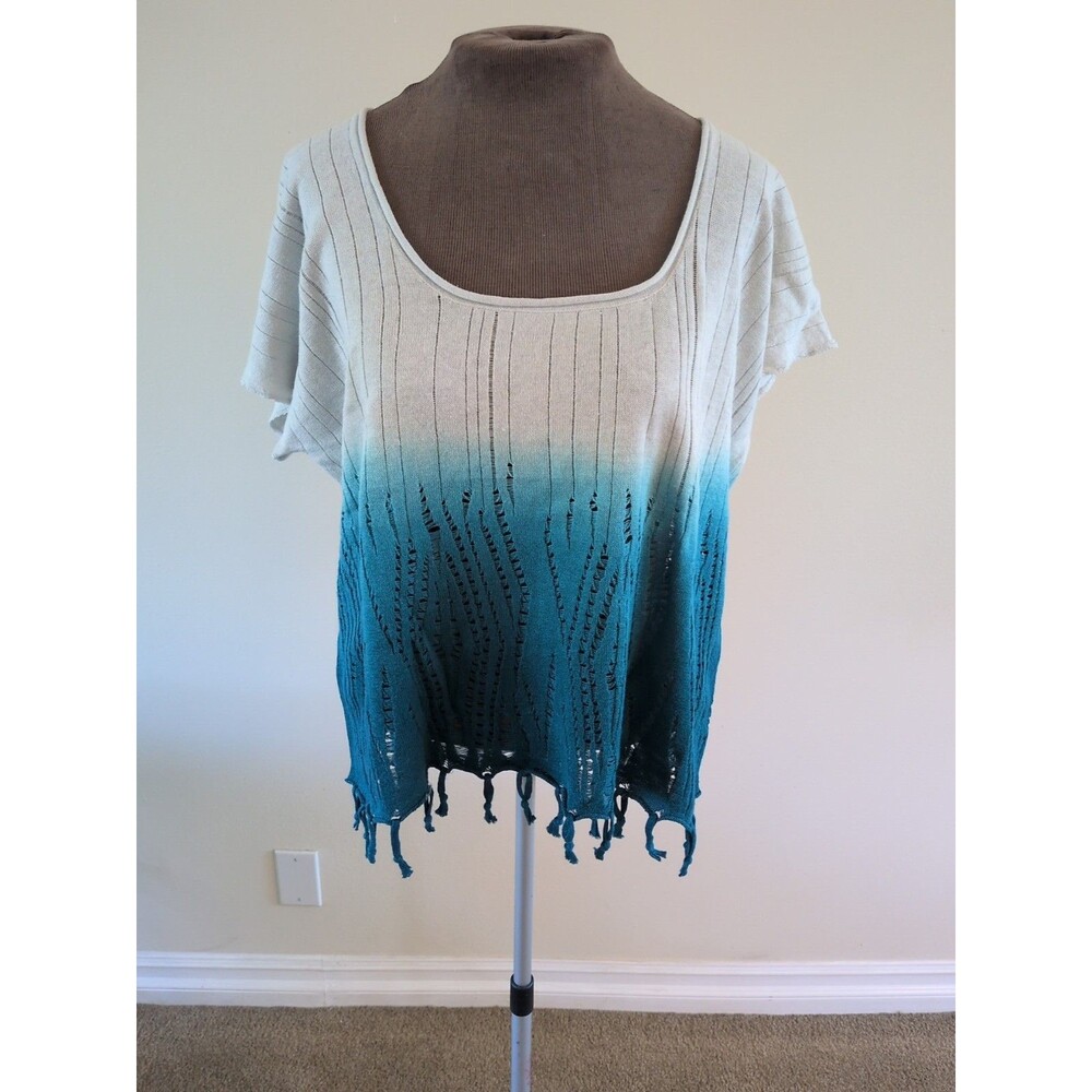 Esley Top Med Boxey Linen Blend Dolman Sleeve Fringe Tee Shirt  Casual Beach NWT